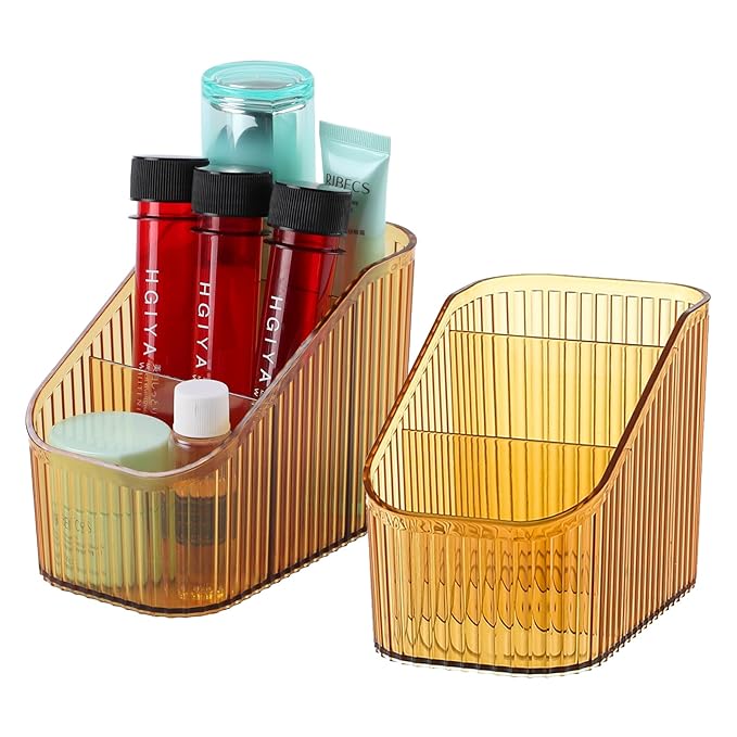 Amber Makeup Brush Holder Organizer for Vanity, Bathroom Countertop Organizer 6 Cups, Toiletry Organizer, Storage & Display for Skincare, Perfume, Hairbrush, Sunglasses & Desk Accessories