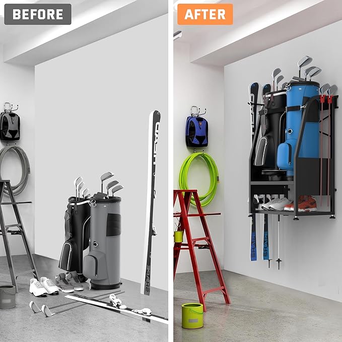WALMANN Wall Mount Golf Bag Organizer, 2 Golf Bags Stand Golfing Equipment and Accessories Storage Rack for Garage Shed Basement