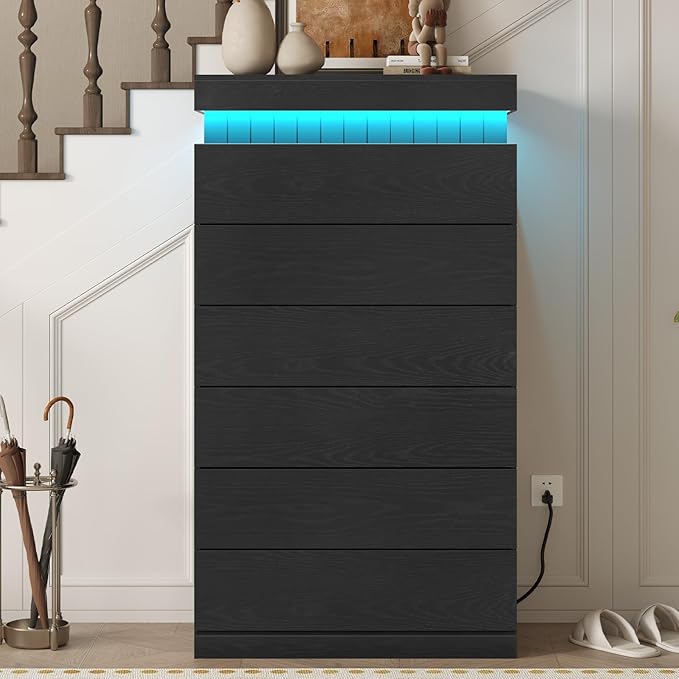 Tall Black 6 Dresser for Bedroom, Sliding Top Storage Space, Modern Wood Drawers with LED Light and Power Outlet, Large Chest of Drawer for Living Room, Hallway, Entryway (6 Drawers,Black)