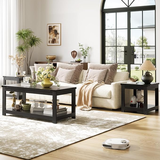 Homieasy End Table, 20 Inch Square End Table, Farmhouse Wood Side Table with Storage Shelf, Industrial Accent Bedside Table for Living Room, Bedroom, Black