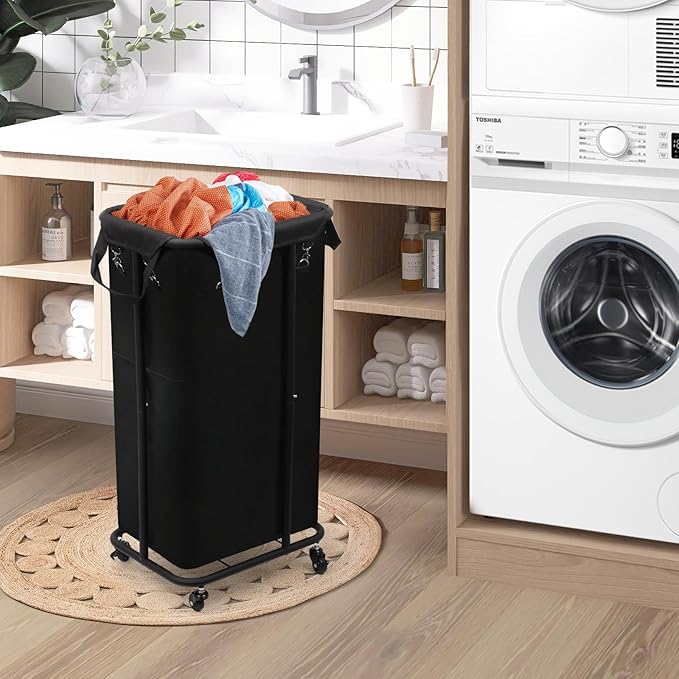 Longzhuo 47.55 Gal(180L) Rolling Laundry Basket With Wheels, Laundry Hamper With Wheels, Metal Wheeled Laundry Basket for Laundry, Hotel, Bedroom & Laundry Room Organization, Black