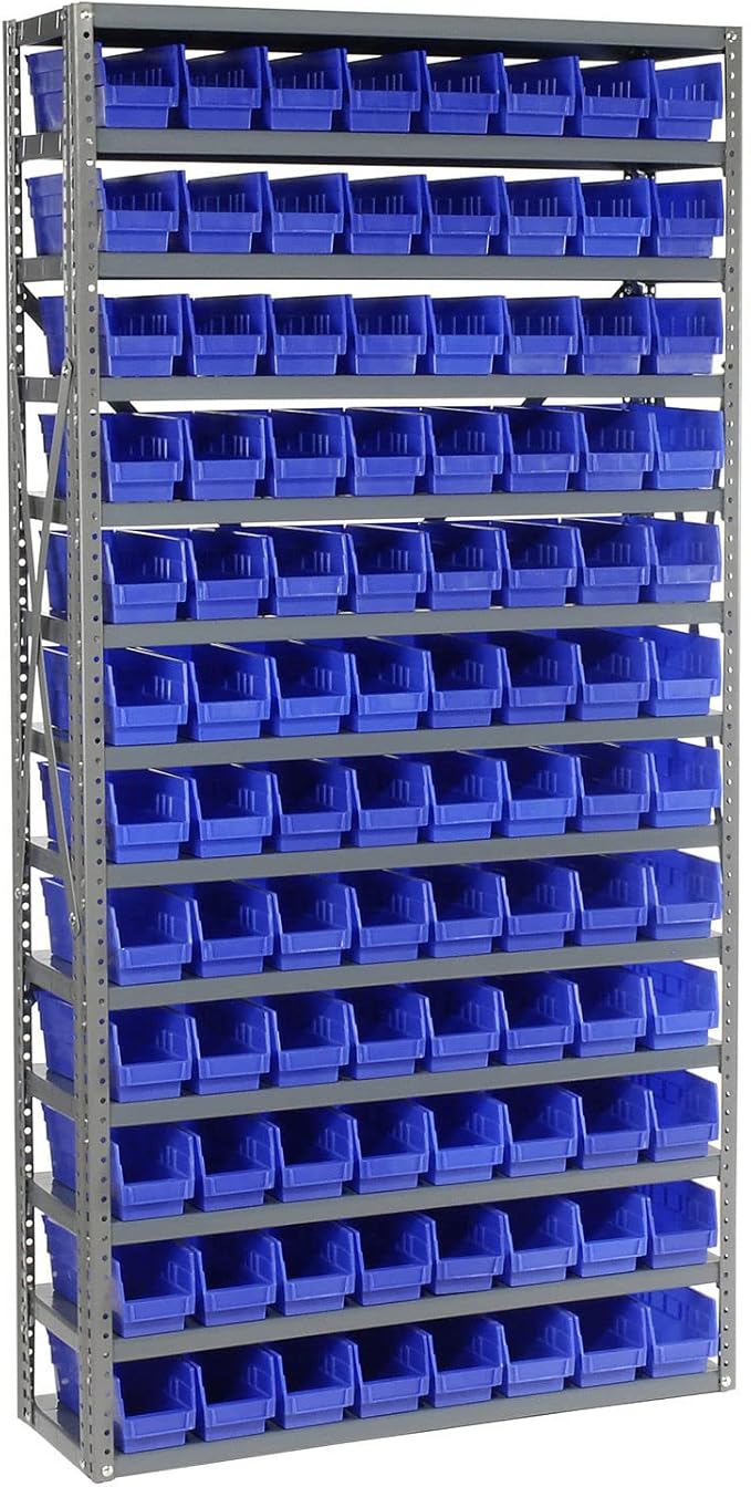Global Industrial 13 Shelf Steel Shelving with (96) 4" H Plastic Shelf Bins, Blue, 36x12x72