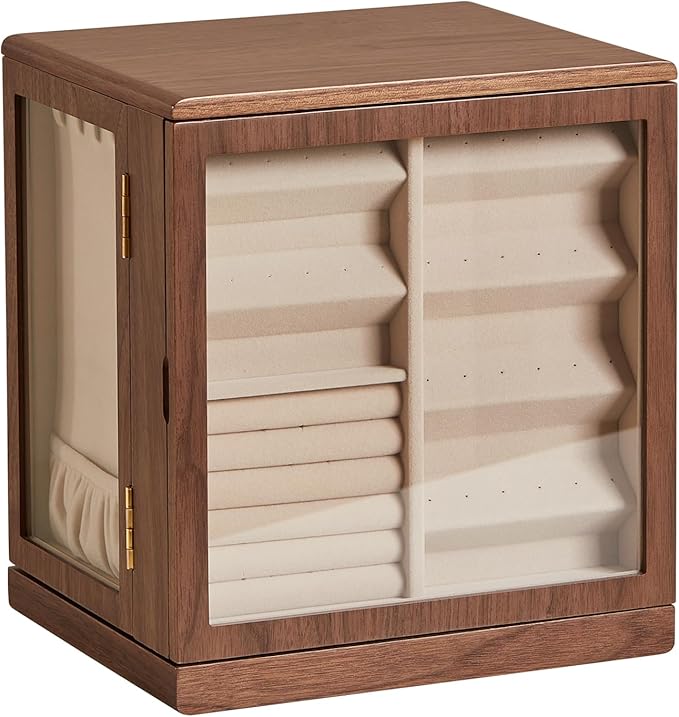 CHOSIN Black Walnut Wooden Jewelry Box, 360° Rotating Organizer with Glass Lid, 5 Drawers for Earrings, Rings, Necklaces – Vertical Jewelry Storage for Women Christmas Gifts