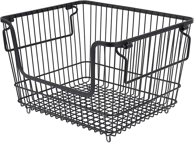 Freezer Organizer Bin, Stackable Wire Basket for Freezer, Heavy Duty Metal Storage Basket with Easy Access Front Opening, for Fruits Meat Vegetables in Kitchen Home Use, Bl