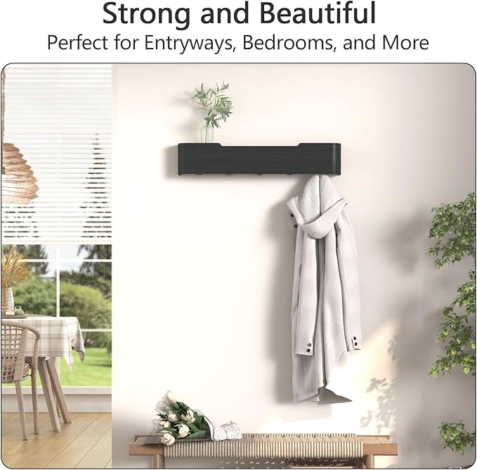 Coat Rack Wall Mount with Hidden Hooks Modern Key Holder Wood Entryway Hook with Shelf for Bedroom Kitchen Hallway Bathroom Designed for Hanging Coats Hats Bags Towels Dog Leashe(Black,5 Hooks)