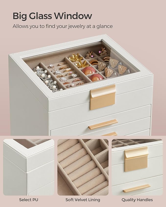 SONGMICS Jewelry Box Organizer with Glass Lid, 6-Layer Jewelry Storage, with 5 Drawers, Modern Style, Christmas Gift, 8 x 9.1 x 9 Inches, Cloud White and Gold Color UJBC176W01