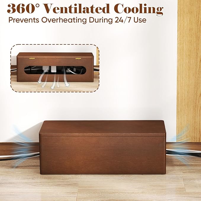 Delamu Cable Management Box Wooden with Magnetic Lid, Duty Desk Cord Organizer Power Strip Cover Box with Ventilation for Desk, Floor, Home Office, Baby Pets Safe Storage Solution