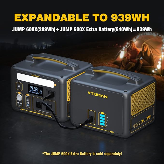 VTOMAN Jump 600X Portable Power Station 600W, 299Wh Solar Generator LiFePO4 Battery Power Station with Jump Start for Car, 1200W AC Outlet, PD 60W USB-C, 3x Regulated 12V/10A DC for Camping, RV Travel