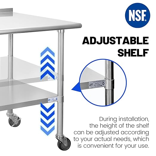 Stainless Steel Table for Prep & Work 24 x 72 Inches with Caster Wheels, NSF Commercial Heavy Duty Table with Undershelf and Backsplash for Restaurant, Home and Hotel