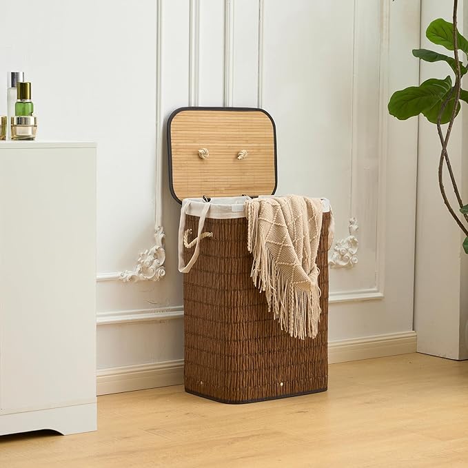 Laundry Hamper with Lid, 18.72 Gallons (72L) Laundry Basket with 2 Removable Liner Bags, Synthetic Rattan Clothes Hamper, laundry organization for bedroom, bathroom, laundry room, Brown