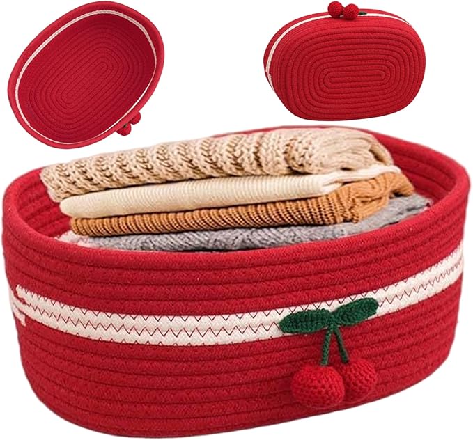 Organizer Baskets 12x8in Rectangle Cozy Woven Cherry Cute Basket Stackable Small Storage Bins for Kids Pets Toy Shelves