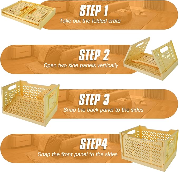 Domiella 2-Pack Crates for Storage, Storage Crates Plastic Stackable, Foldable Crate for Office Home Kitchen Bedroom Bathroom (Tall, Yellow)