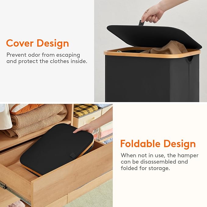Lifewit 80L Laundry Basket with Lid, Clothes Hampers with Bamboo Handles and A Removable Laundry Bag, Large Foldable Hamper for Bedroom, Bathroom, Dorm, LaundryRoom, Black