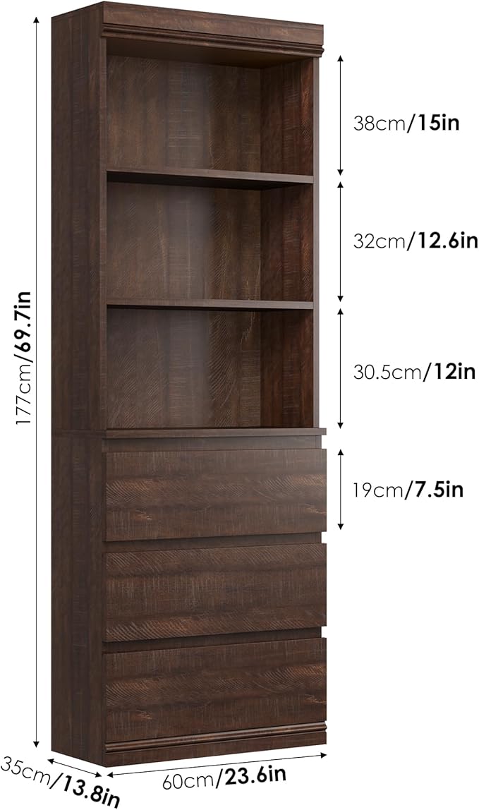 GarveeHome 70" Tall Bookcase with Drawers, Bookshelf w/ 3 Tier Open Shelves & 3 Storage Drawers, Modern Deep Storage Book Shelf Storage Cabinet Organizer for Living Room Office Library (Brown)