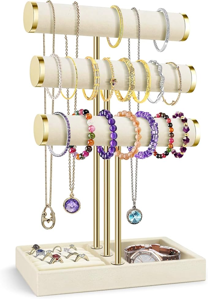 Flexzion 3 Tier Bracelet Holder Display Stand - Beige Velvet Bracelet Holder Organizer with Detachable T Bar - Jewelry Display Stand for Bracelets, Bangles, Necklace, Watches, Rings