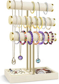 Flexzion 3 Tier Bracelet Holder Display Stand - Beige Velvet Bracelet Holder Organizer with Detachable T Bar - Jewelry Display Stand for Bracelets, Bangles, Necklace, Watches, Rings