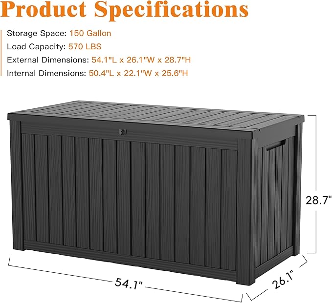Outdoor Storage Box - Lockable Waterproof UV-Resistant Resin Deck Box for Patio Cushions, Pool Accessories (Black, 150 Gallon)