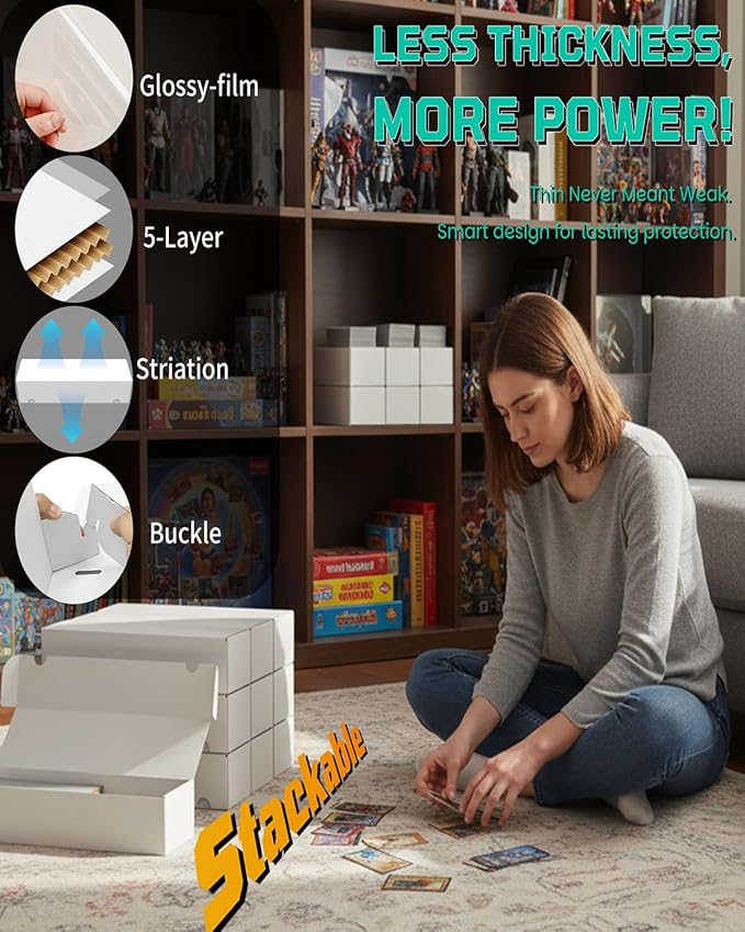 Laminated Trading Card Storage Box, 6-Pack Storage Card Box with 5-Compartment, Glossy White Cardboard Collector Box for TCG/Sports Cards Storage