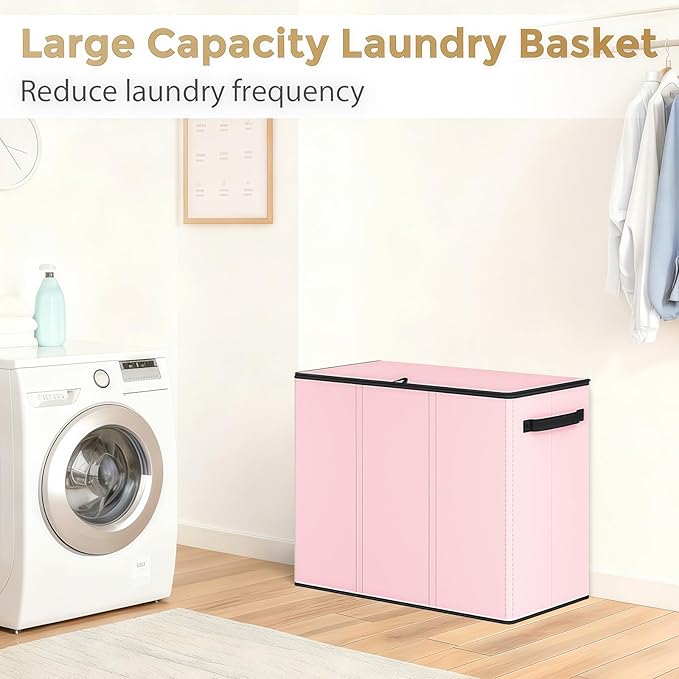 180L Laundry Hamper 3 Section, Large Laundry Basket with Lid, Laundry Basket Organizer with Handles, Pink Divided Laundry Baskets, Clothes Hampers for Nursery, Bedroom, Bathroom