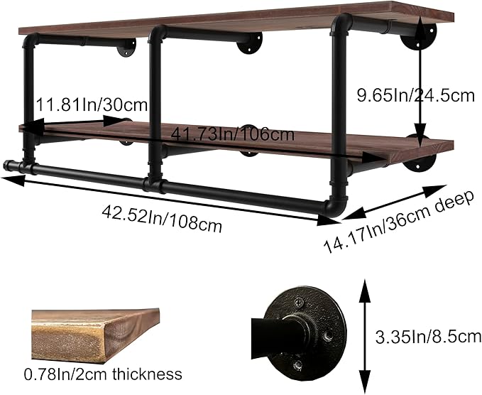 Industrial Pipe Clothing Rack with Top Shelf, Space-Saving Wall Mounted Clothes Rack 2 Tiers, Shelf with Hanging Rod for Closet Storage, Laundry Room. (2Tier, Brown)