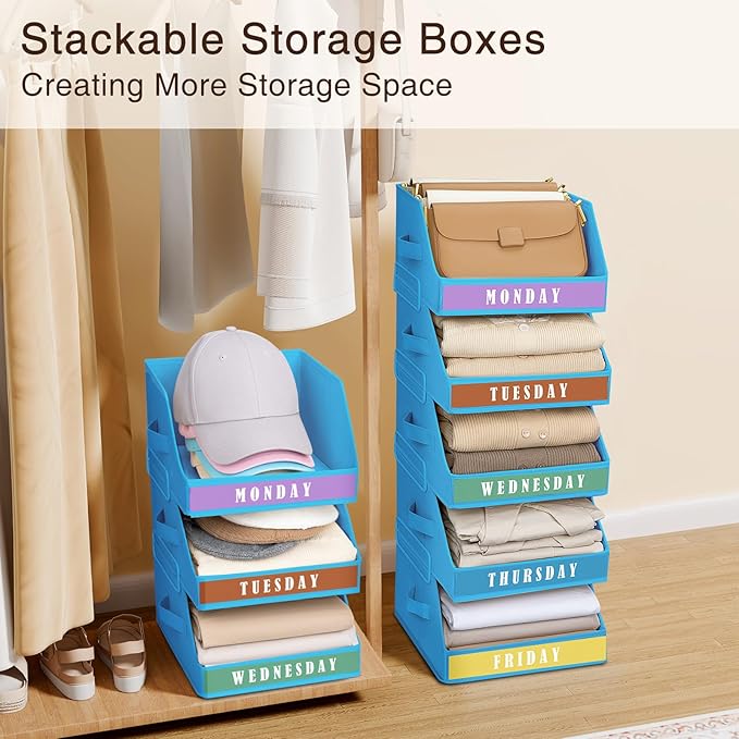Closet Organizers and Storage - 5 Tier Shelf Organizer with Weekly Labels, Stackable Storage Bins with Metal Frame, Foldable Cube Bins, Home Baskets for Kids and Adults, Blue