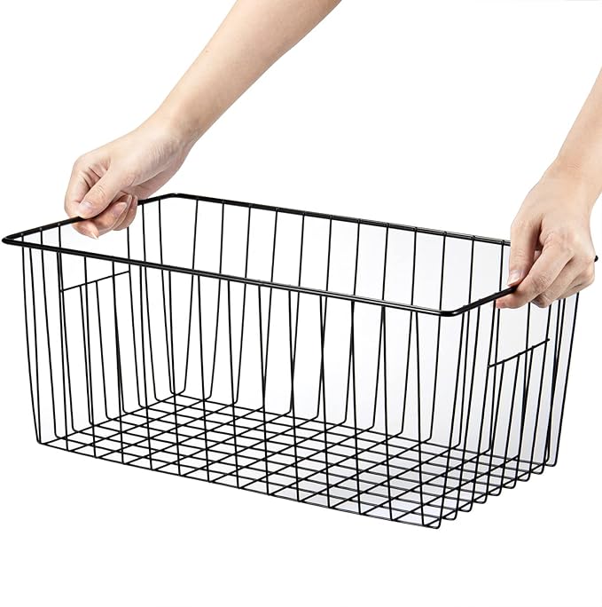 Upright Freezer Organizer Bins， Freezer Baskets for 16, 17, 21 cu.ft Standup Freezer, Wire Storage Baskets with Built-in Handles for Frozen Foods, Snacks, Vegetables, Fruits and More, Set of 6, Black