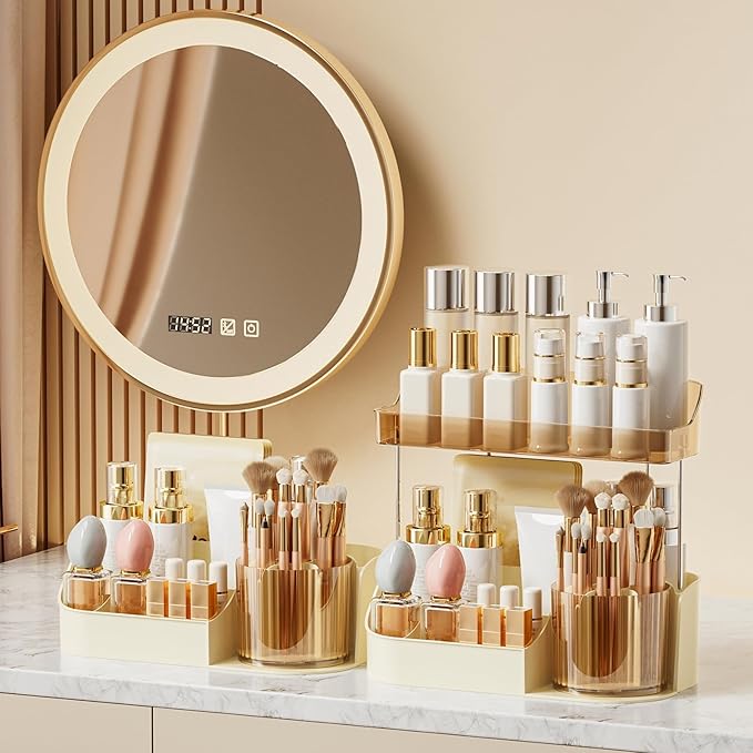 DASITON Large Capacity Makeup Organizer with 360° Rotating Makeup Brush Holder, Perfume and Skincare Storage Organizers for Vanity Bathroom Countertop, Cosmetic Display Case (Cream, 2 Tier)