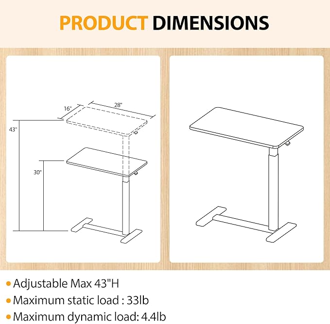 Overbed Table with Hidden Wheels, Height Adjustable Medical Bed Table Hospital Bedside Table, 28" W x 16" D Rolling Laptop Standing Desk for Home & Office, Walnut Brown