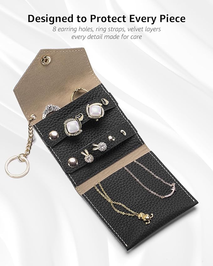 Small Travel Jewelry Organizer Case for Women, Genuine Leather Mini Jewelry Roll with Keychain, Portable Earring Ring Necklace Storage Pouch for Short Trips & Daily Use (Black)