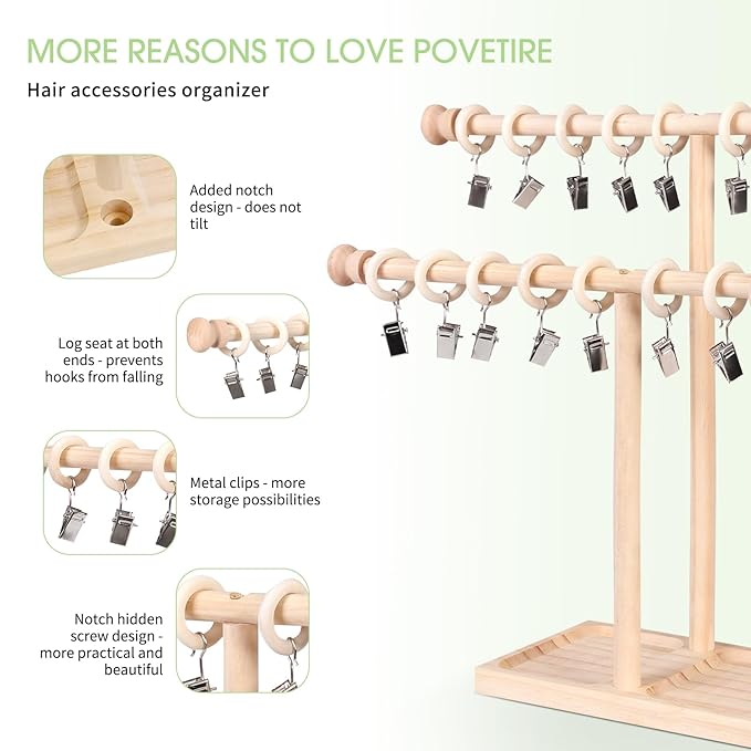 POVETIRE Headband Holder Stand Storage for Baby, 2 Tier Wooden Bow Organizer for Girls Hair Bows, Infant Hair Accessories Rack Display for Nursery Decor
