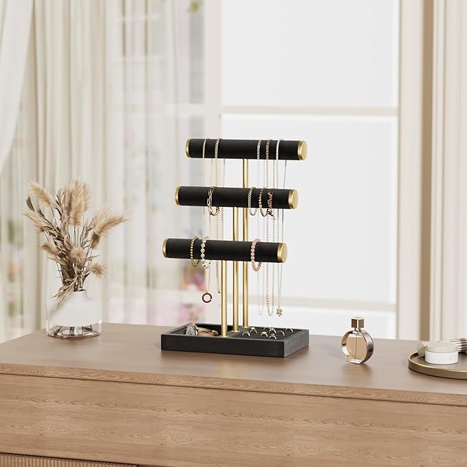 3 Tier Bracelet Holder Display - Detachable T Bar Black Velvet Bracelet Holder, Jewelry Holder Organizer for Bracelet, Necklace, Watches, Rings