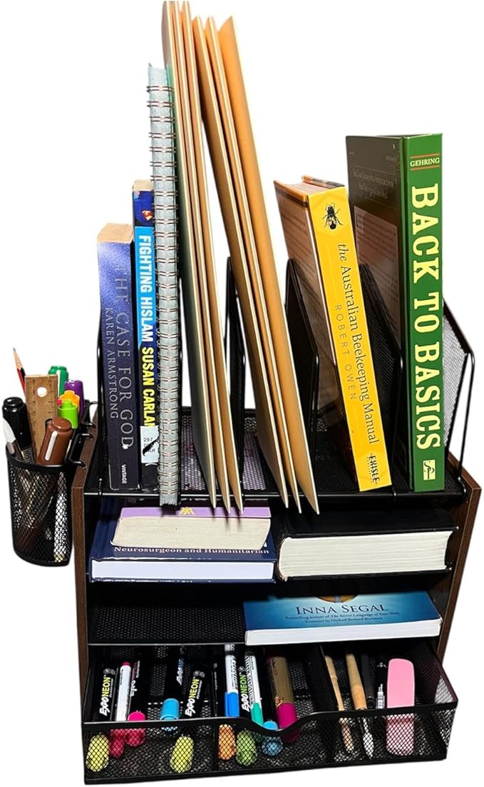 4-Tier Wood & Metal Desk Organizer – Vertical File Tray, Pen Holder & Drawer | Desktop Organizer for Home Office Supplies, Folders, Notebooks & Documents | Space-Saving Mesh Office Organizer