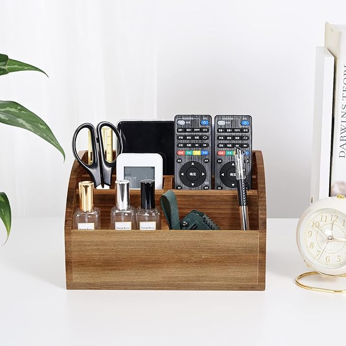 OKSQW Wooden Desk Organizer, Solid Wood Pen Holder for Desktop Organizer, No Need Assembly, Home Office Supplies Workspace Organizers Mail Holder Remote Control Countertop Storage Box