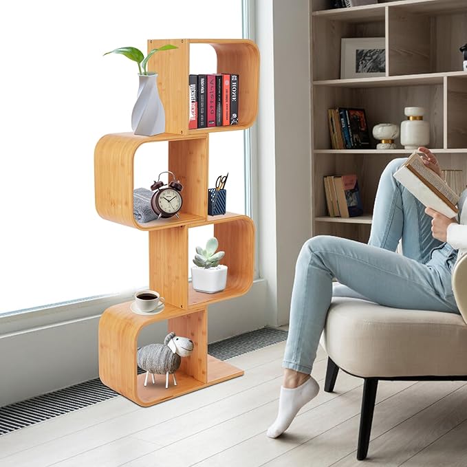 4-Tier S-Shaped Bookcase, Office Bookshelf with 4 Open Cubes, Geometric Bookshelf Rack, Freestanding Display Shelf Storage Organizer for Living Room Study Home Office