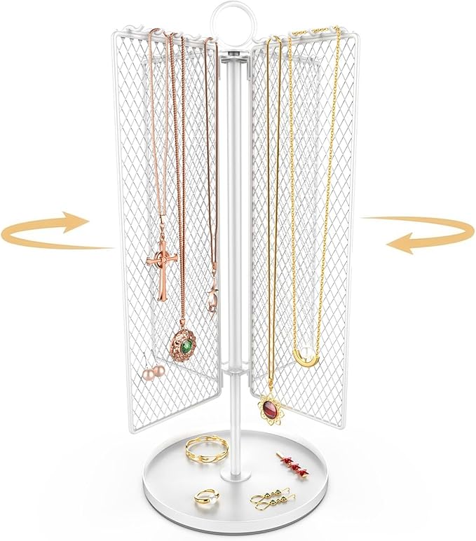 Rotating Necklace Holder Organizer, Necklace Storage Jewelry Stand, Metal Jewelry Stand with 40 Hooks for Necklace Earring Ring Bracelet Display Stand, Women Gifts - White