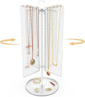 Rotating Necklace Holder Organizer, Necklace Storage Jewelry Stand, Metal Jewelry Stand with 40 Hooks for Necklace Earring Ring Bracelet Display Stand, Women Gifts - White