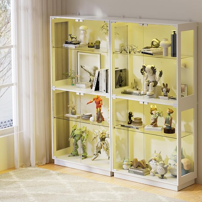 Display Cabinet with Glass Doors 4 Tier Glass Display Case with RGB LED Lights Display Cases for Collectibles Adjustable Shelves Display Case, for Game Room, Living Room, Bedroom, White