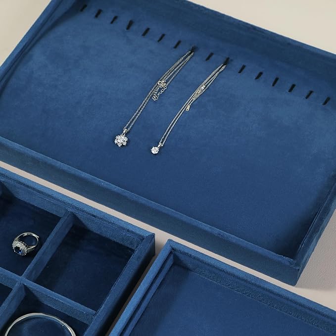 Velvet Jewelry Display Tray For Bracelet Pendant Necklace, Multi-Slot Stackable Storage Tray For Long Chain Jewelries, Drawer Insert Jewelry Organizer (Blue)