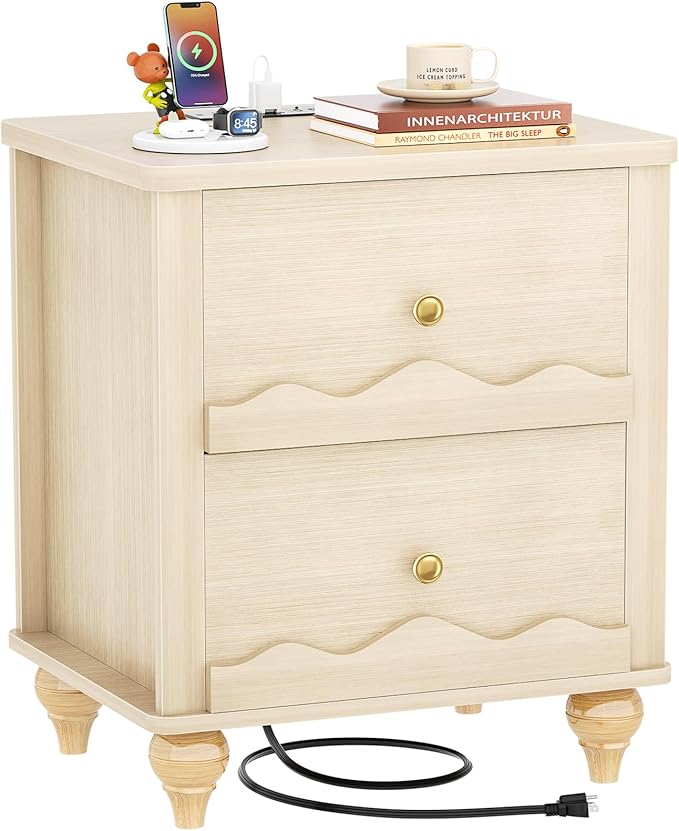 Cyclysio Nightstand with Charging Station, Side End Table with 2 Drawers, Modern Wood Night Stand with Scalloped Pattern for Bedroom, Bedside Night Tables with Solid Wood Gourd Legs