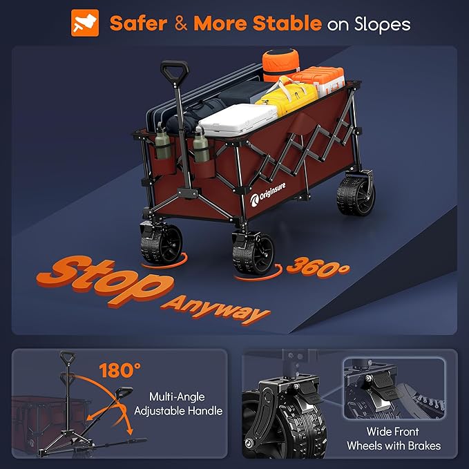 220L Collapsible Wagon Cart Foldable, 460lbs Load Capacity Heavy Duty Folding Beach Wagons with Big All-Terrain Wheels, Utility Carts for Groceries, Shopping, Camping, Sports - Red