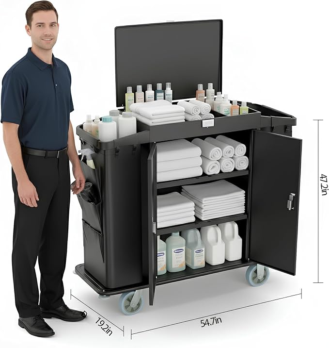 Heavy Duty Metal Housekeeping Janitorial Cart,Silent Casters,Locking Large Capacity Cabinets,Cleaning cart for Housekeeping/Commercial Facility/Hotel/Stadium/School(Black)