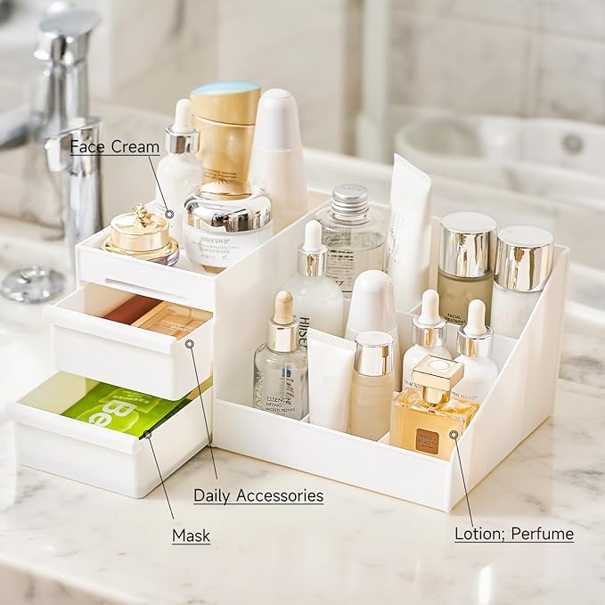 Perfume Cologne Organizer, Perfume Stand Shelf with 2 Drawers, Bathroom Counter Organizer and Storage for Skincare, Makeup, Cosmetics, White