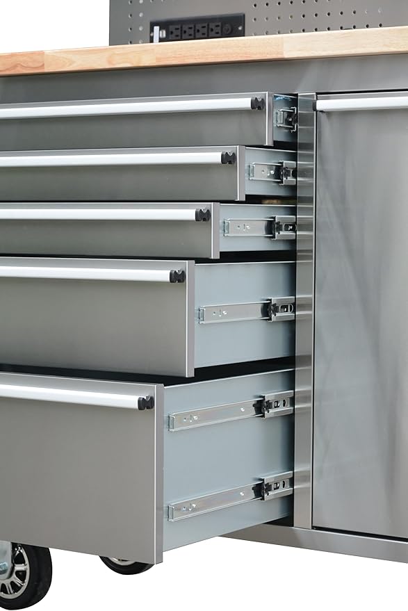 72 inch 11 Drawers Tool Chest with 3 Up Cabinet & Pegboard in Stainless Steel, Large Lockable Mobile Workbench with 6 Blue Storage Bins, Tool Box for Garage, Workshop (1 × HTC7214W1)