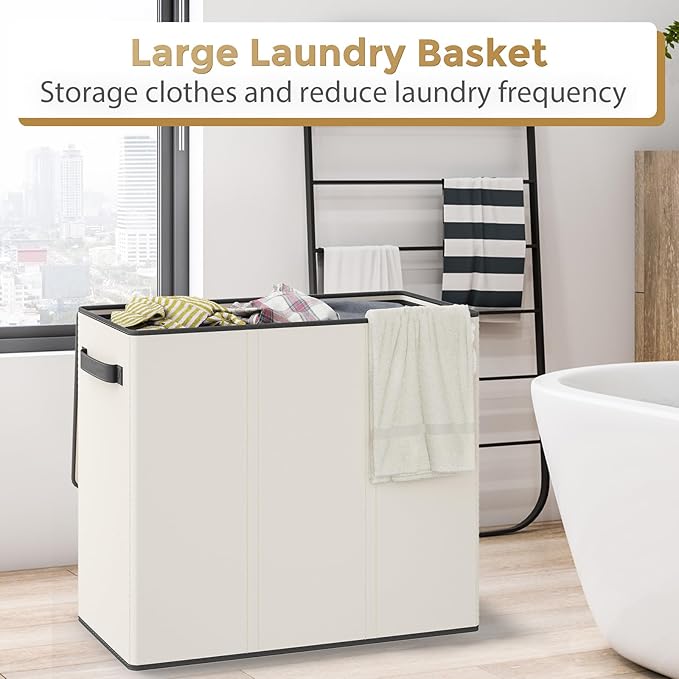 180L Laundry Hamper 3 Section, Large Laundry Basket with Lid, Laundry Basket Organizer with Handles, White Divided Laundry Baskets, Clothes Hampers for Laundry, Bedroom, Bathroom