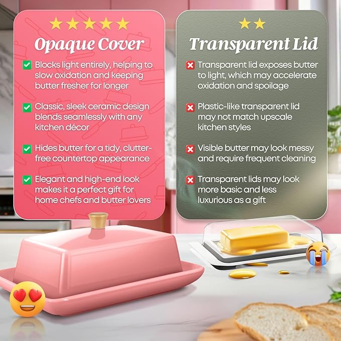 Flexzion Ceramic Pink European Butter Dish with Lid for Countertop (8 Inch) - Wide 2 Stick Double Butter Holder for Counter, Cream Cheese Container Storage Keeper