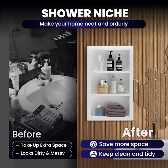 14" x 24" Stainless Steel Shower Niche, 3-Tier Waterproof Shelves, No-Tile Needed Bathroom Organizer, Rustproof Wall Shelf for Shampoo, Soap & Toiletries, White