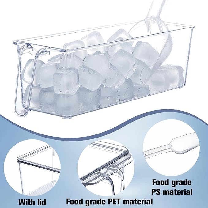 Havawish 4 Pcs Ice Storage Bin for Freezer with Lid and Flexible Scoop Set Plastic Ice Container with Lid Handle for Home Office Fridge Storage (12.4 x 3.94 x 3.94 Inches,Clear)