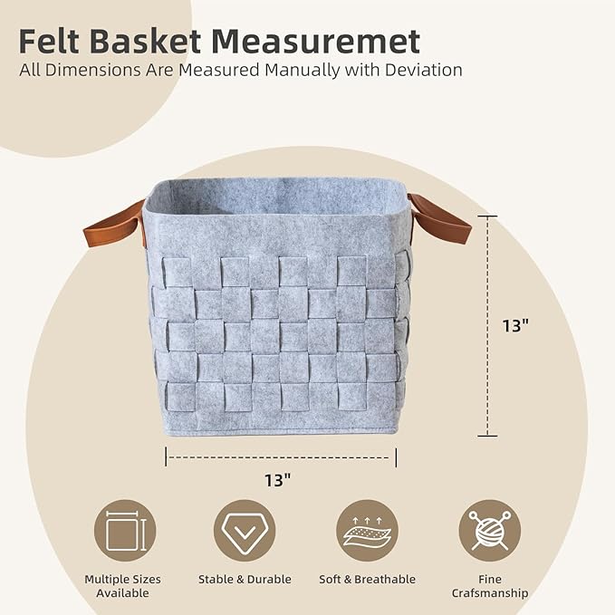 Storage Basket 3 Pack, 13" x13" x13 " Large Blanket Baskets with Leather Handle, Cube Felt Fabric Storage Box for Shelves, Bedroom, Nursery, Living Room - Light grey
