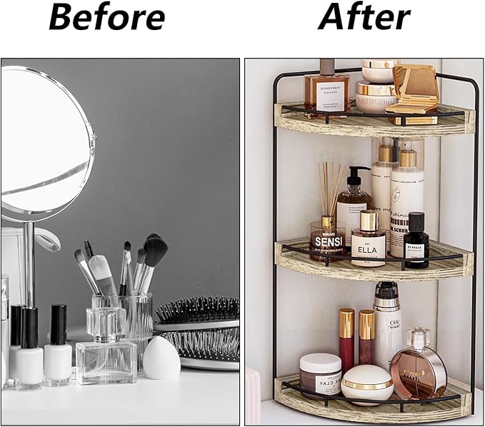 Fixwal Corner Bathroom Counter Organizer, 3 Tier Rustic Bathroom Organizer, Wood Countertop Storage Tray for Vanity, Kitchen, Bedroom (Light Brown)