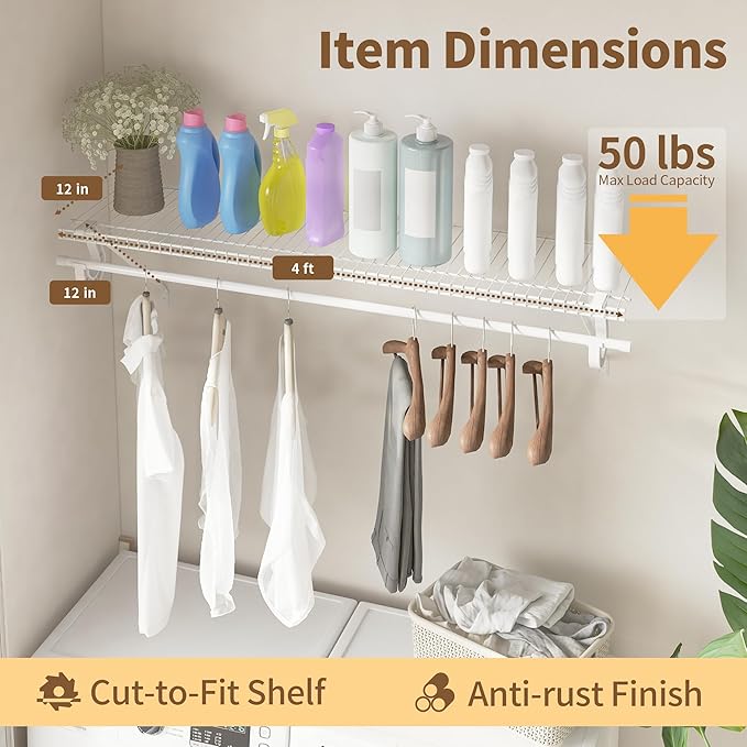 Closet Shelves Wall Mounted with Hanging Rod, 2 Pack 4 ft x 12 in White Wire Shelving Kit, Metal Wall Shelf Organizer for Home, Pantry, Laundry Room Storage